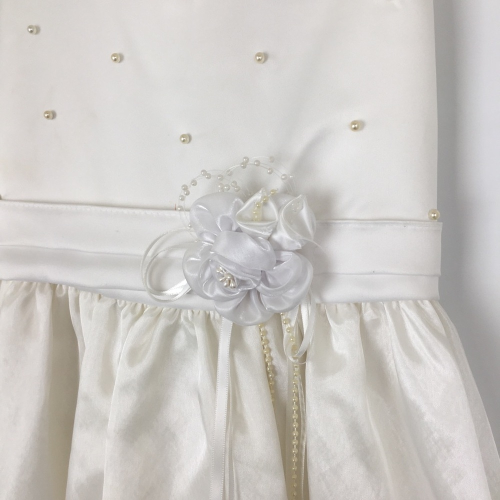 First Communion Dress White Sheer Satin Overlay Tank Pearl Flower Appliqué Sz 10 - Picture 5 of 16